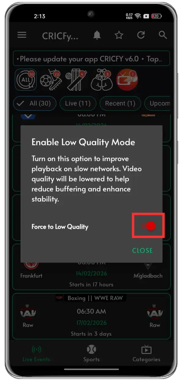 CricFy TV APK V6.0 Download (Updated 2026) | Free Live TV Low Quality Mode